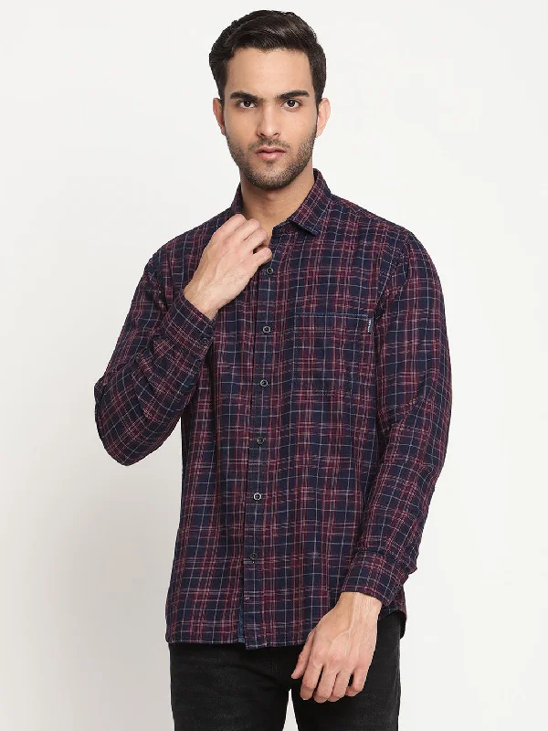 Men's high-performance gym wear shirt-Men's Navy Blue Casual Medium Checks Full Sleeve Shirt