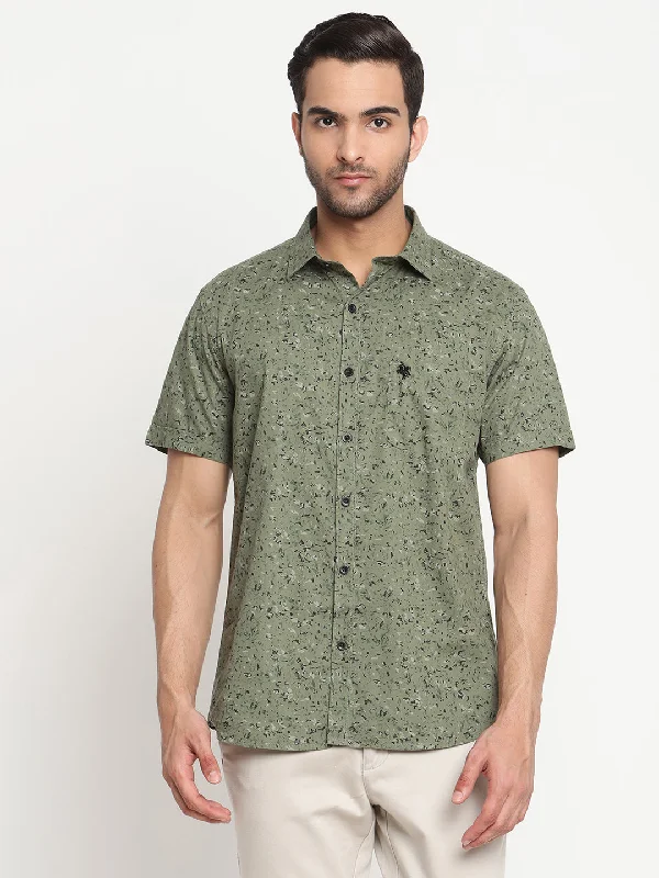 Men's quick-dry athletic wear shirt-Men's Olive Green Casual Abstract Print Half Sleeve Shirt