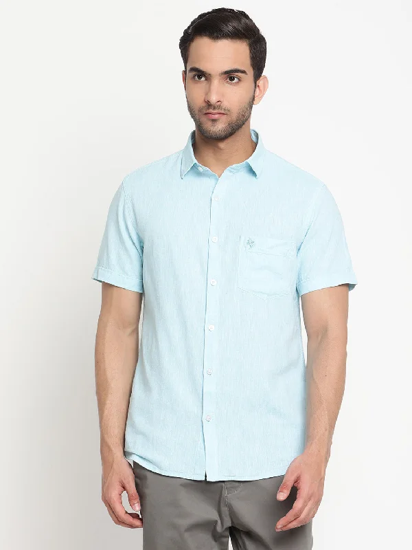 Men's weatherproof gym wear shirt-Men's Turquoise Casual Plain Half Sleeve Shirt