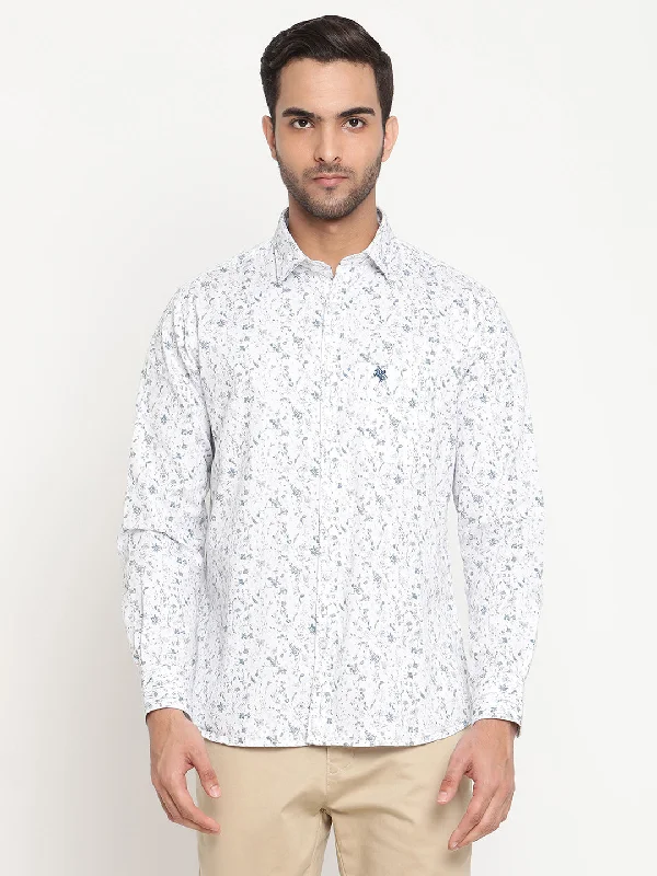 Men's eco-friendly athletic shirt-Men's White Casual Floral Print Full Sleeve Shirt