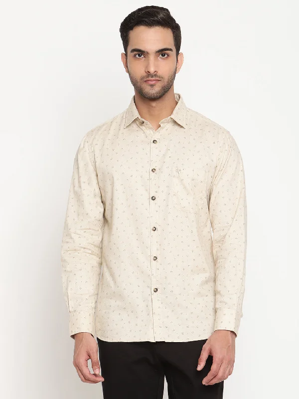 Men's gym-ready casual wear shirt-Men's Light Beige Casual Ditsy Print Full Sleeve Shirt