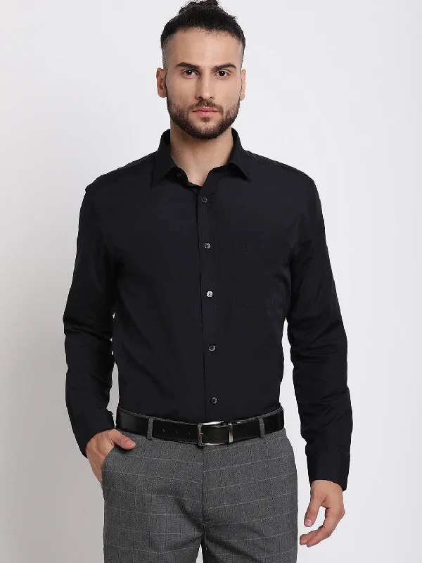 Men's performance gym wear shirt-Men's Black Formal Plain Full Sleeve Shirt