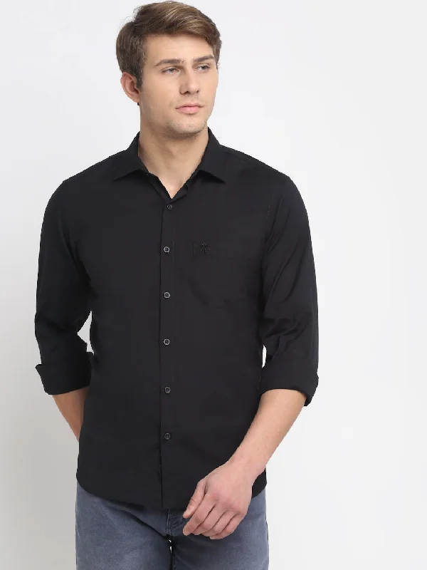 Men's sporty dress shirt-Men's Black Casual Plain Stretch Full Sleeve Shirt