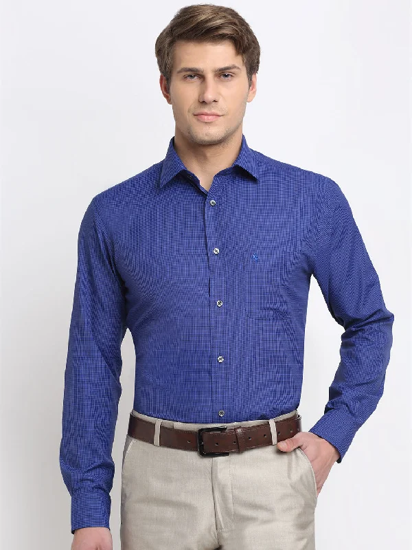 Men's modern gym shirt-Men's Dark Blue Formal Micro Checks Full Sleeve Shirt