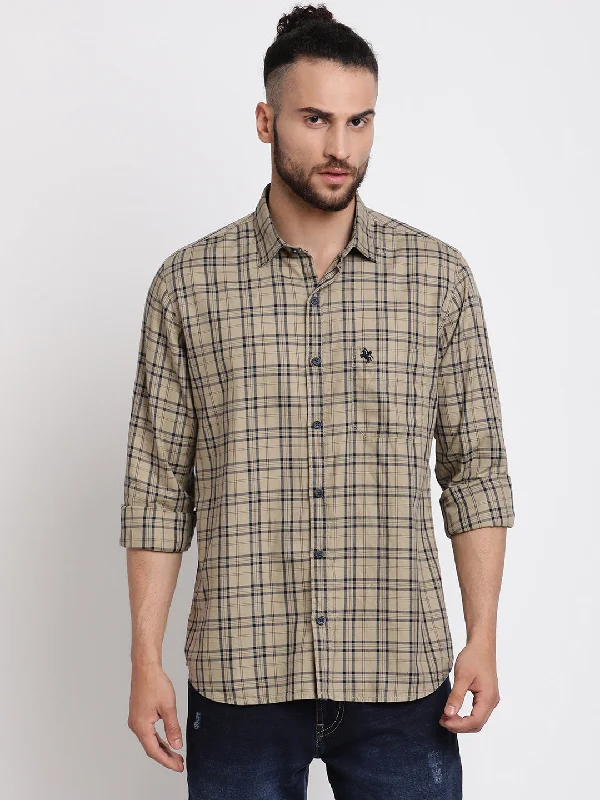 Men's modern casual shirt-Men's Beige Casual Medium Checks Full Sleeve Shirt