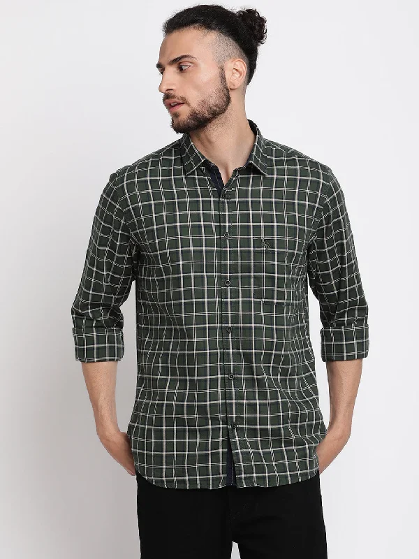 Men's adaptable shirt-Men's Olive Green Casual Medium Checks Full Sleeve Shirt