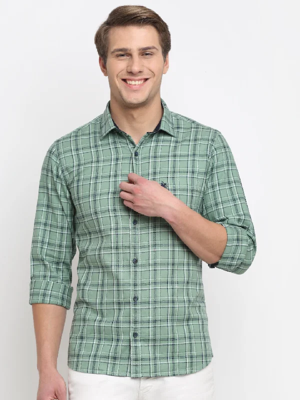 Men's wrinkle-resistant travel shirt-Men's Light Green Casual Medium Checks Full Sleeve Shirt