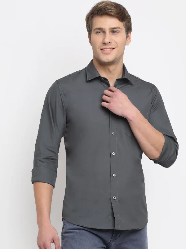 Men's ultra-lightweight travel shirt-Men's Grey Casual Plain Full Sleeve Shirt