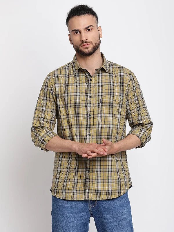 Men's organic fabric casual shirt-Men's Khaki Casual Medium Checks Full Sleeve Shirt