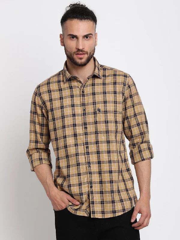 Men's lightweight travel shirt-Men's Khaki Casual Big Checks Full Sleeve Shirt