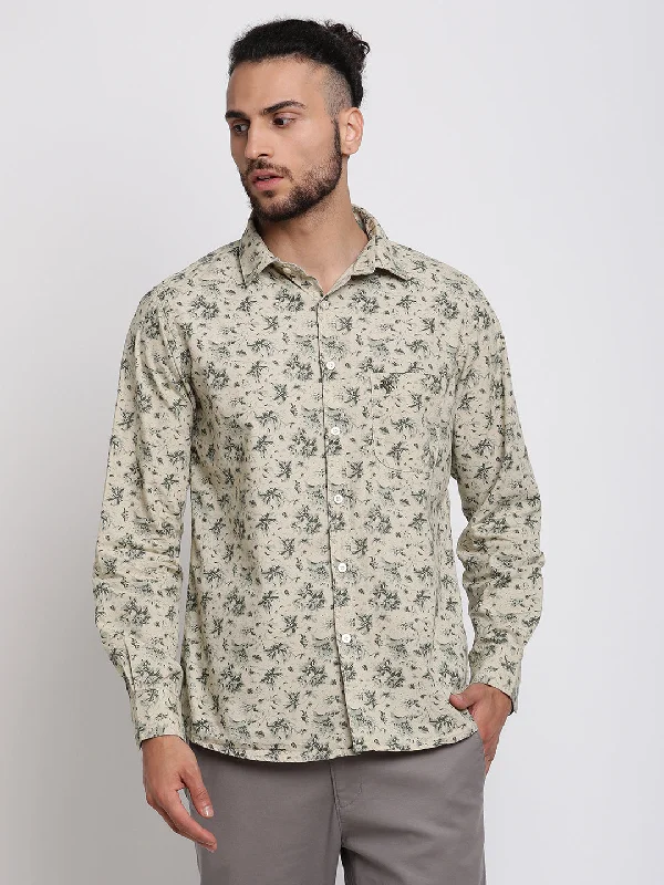 Men's pre-shrunk dress shirt-Men's Khaki Casual Floral Print Full Sleeve Shirt