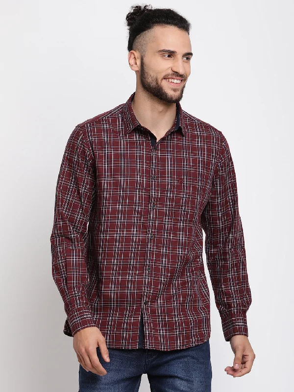 Men's non-iron dress shirt-Men's Maroon Casual Medium Checks Full Sleeve Shirt