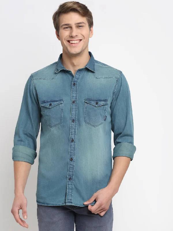 Men's summer travel shirt-Men's Blue Casual Denim Full Sleeve Shirt