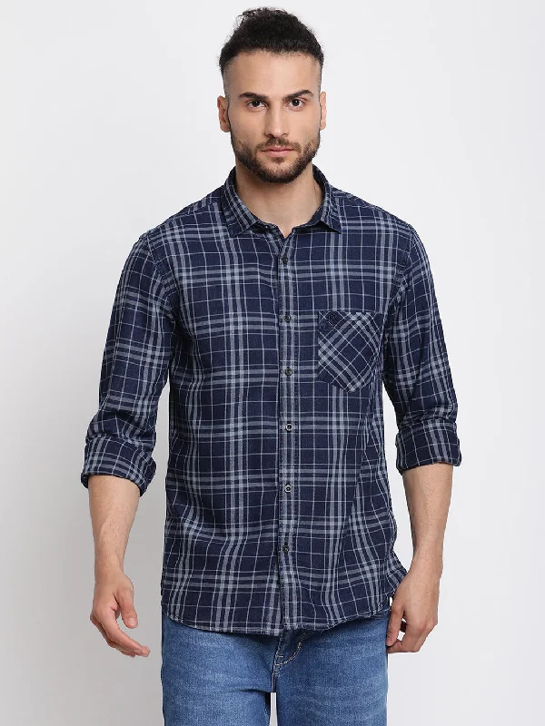 Men's functional casual shirt-Men's Navy Blue Casual Big Checks Full Sleeve Shirt