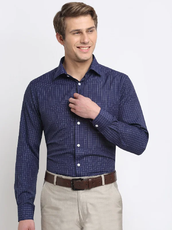 Men's pre-washed casual wear shirt-Men's Navy Blue Formal Small Checks Full Sleeve Shirt