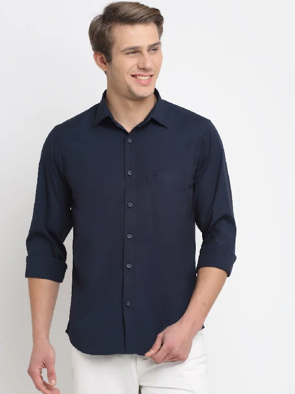 Men's sustainable gym shirt-Men's Navy Blue Casual Plain Stretch Full Sleeve Shirt