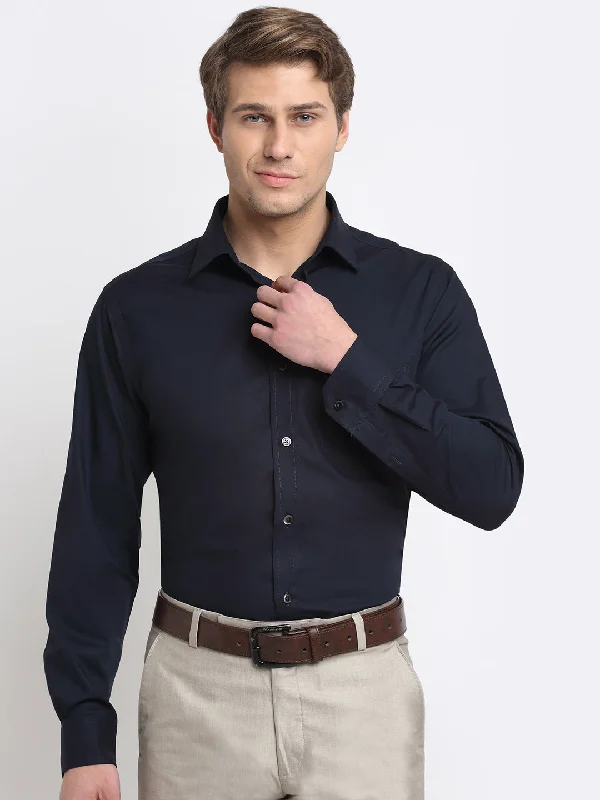 Men's comfortable performance shirt-Men's Navy Blue Formal Plain Full Sleeve Shirt