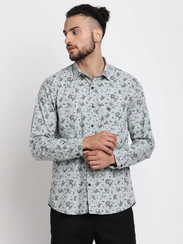 Men's performance casual shirt-Men's Light Grey Casual Floral Print Full Sleeve Shirt