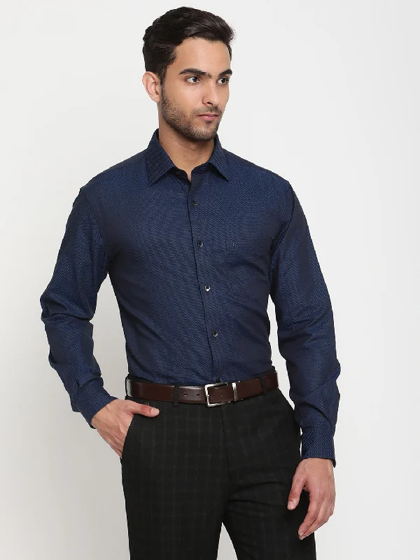 Men's fashion-forward gym shirt-Men's Peacock Blue Party Self Textured Full Sleeve Shirt