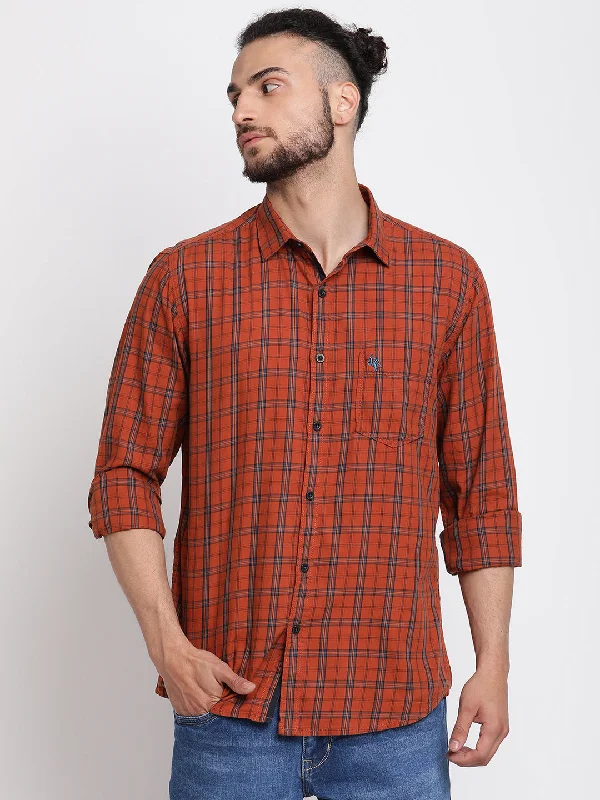 Men's antibacterial casual wear shirt-Men's Brick Red Casual Medium Checks Full Sleeve Shirt