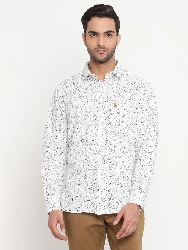 Men's versatile gym shirt-Men's White Casual Floral Print Full Sleeve Shirt