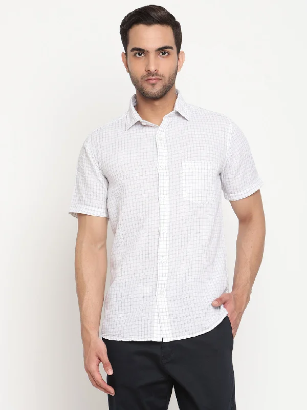 Men's modern athletic shirt-Men's White Casual Small Checks Half Sleeve Shirt