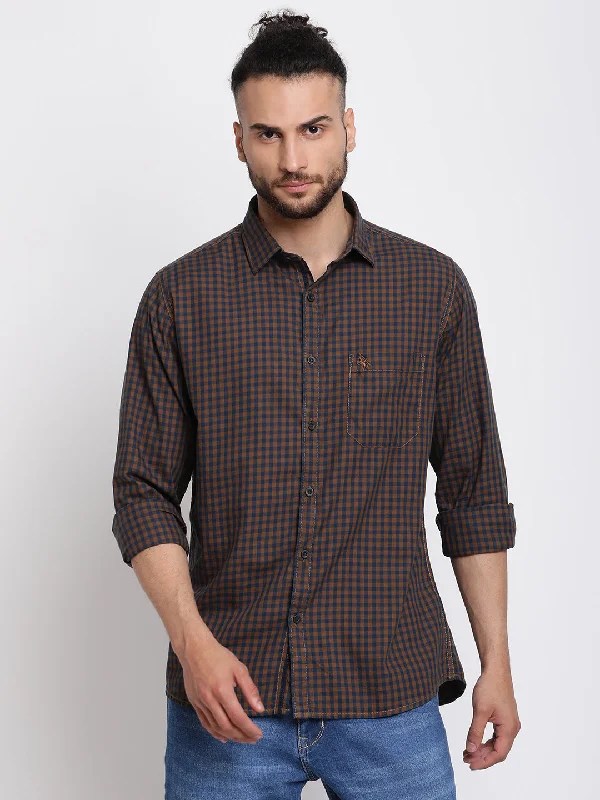 Men's breathable casual shirt-Men's Mustard Casual Small Checks Full Sleeve Shirt