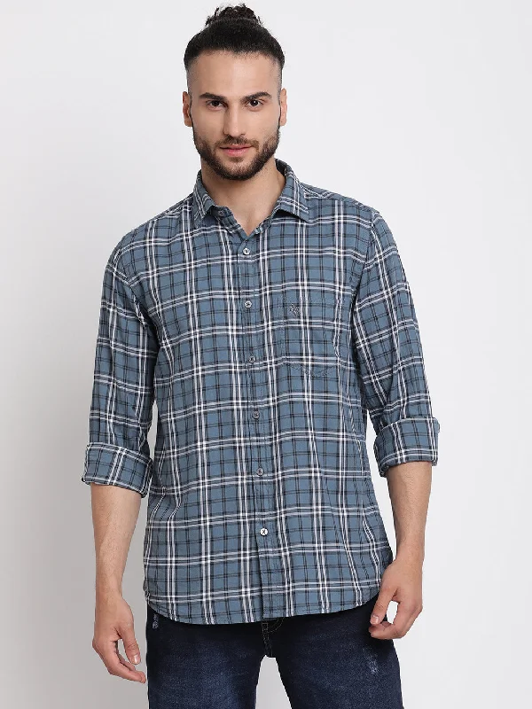 Men's wrinkle-free athletic wear shirt-Men's Grey Casual Big Checks Full Sleeve Shirt